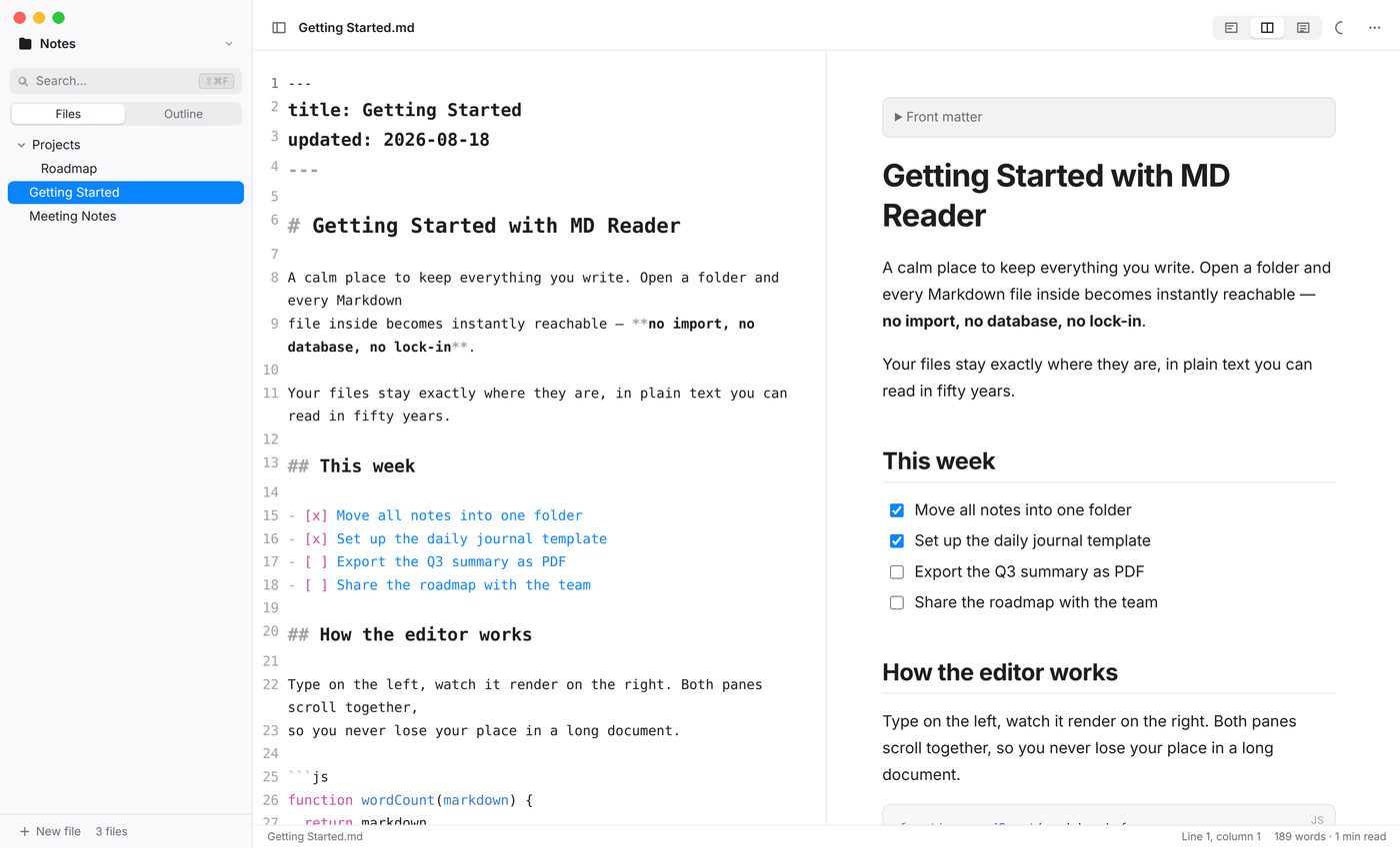 MD Reader — editor and live preview